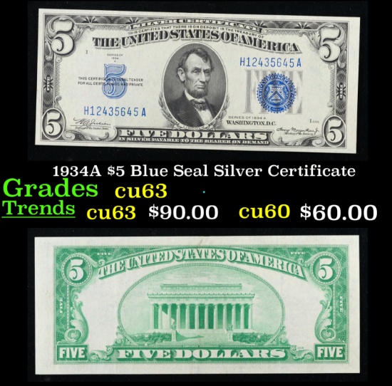 1934A $5 Blue Seal Silver Certificate Grades Select CU