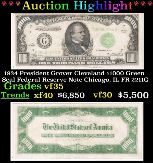 1934 President Grover Cleveland $1000 Green Seal Federal Reserve Note Chicago, IL Grades vf++ FR-221