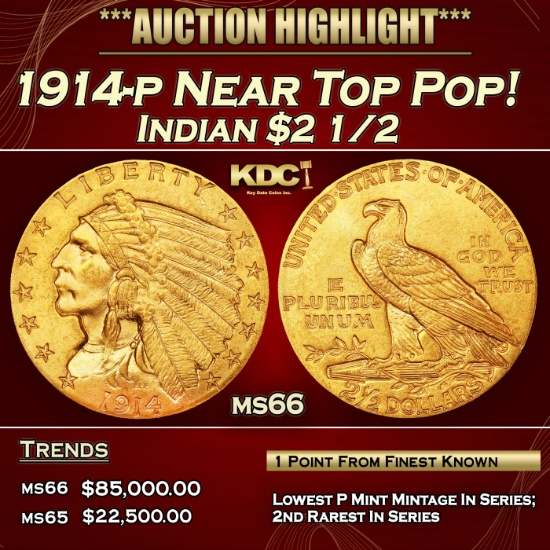 IC 1914-p Gold Indian Quarter Eagle Near Top Pop! $2 1/2 GEM+ Unc USCG