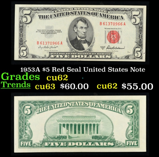 1953A $5 Red Seal United States Note Grades Select CU