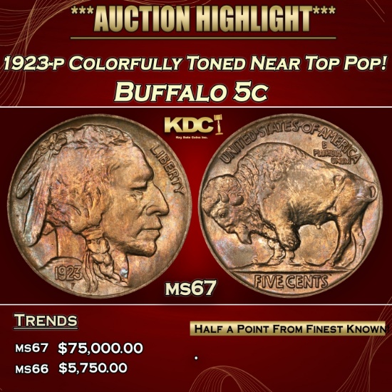 YC 1923-p Buffalo Nickel Colorfully Toned Near Top Pop! 5c ms67 SEGS