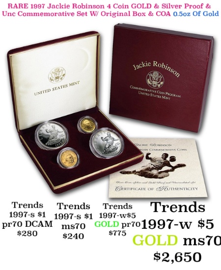 ***Major Highlight*** RARE 1997 Jackie Robinson 4 Coin GOLD & Silver Proof & Unc Commemorative Set W