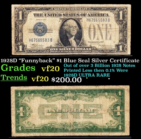 1928D "Funnyback" $1 Blue Seal Silver Certificate Grades vf, very fine