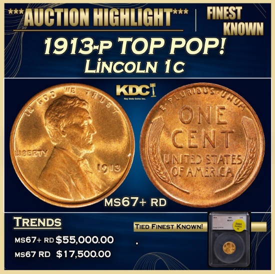 1913-p Lincoln Cent TOP POP! 1c ms67+ rd SEGS