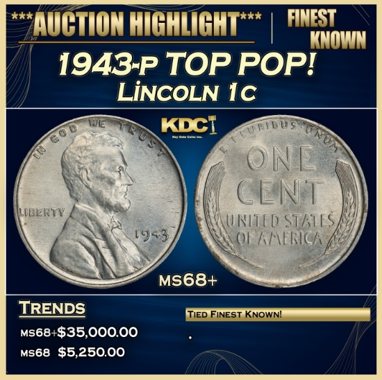 IC 1943-p Lincoln Cent TOP POP! 1c ms68+ SEGS