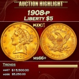 1908-p Gold Liberty Half Eagle $5 ms66+ SEGS