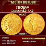 IC 1908-p Gold Indian Quarter Eagle $2 1/2 ms64+ SEGS