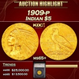 YC 1909-p Gold Indian Half Eagle $5 ms65+ SEGS