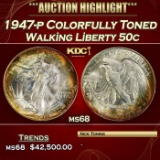 1947-p Walking Liberty Half Dollar Colorfully Toned 50c ms68 SEGS