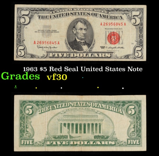 1963 $5 Red Seal United States Note Grades vf++