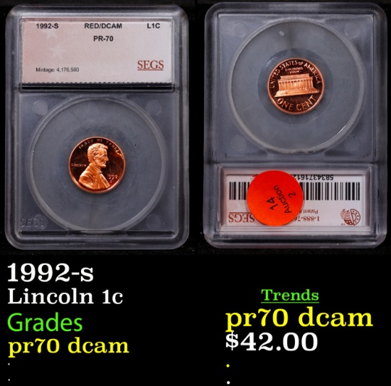 1992-s Proof Lincoln Cent 1c pr70 dcam SEGS