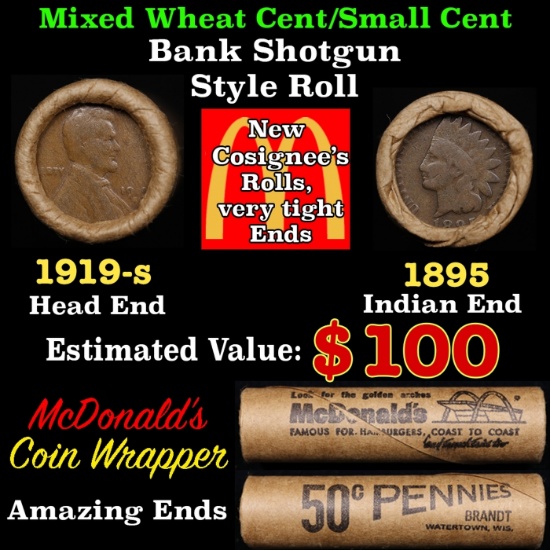 Small Cent Mixed Roll Orig Brandt McDonalds Wrapper Lincoln Wheat end,  Indian other end, 50c