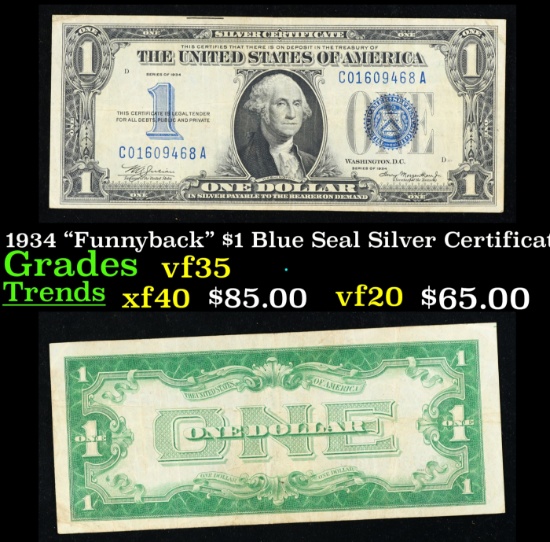 1934 "Funnyback" $1 Blue Seal Silver Certificate Grades vf++