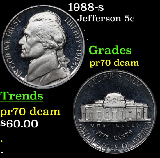 1988-s Proof Jefferson Nickel 5c pr70 dcam SEGS