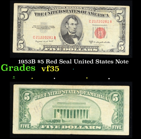 1953B $5 Red Seal United States Note Grades vf++