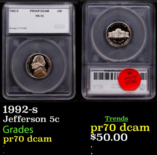 1992-s Proof Jefferson Nickel 5c pr70 dcam SEGS