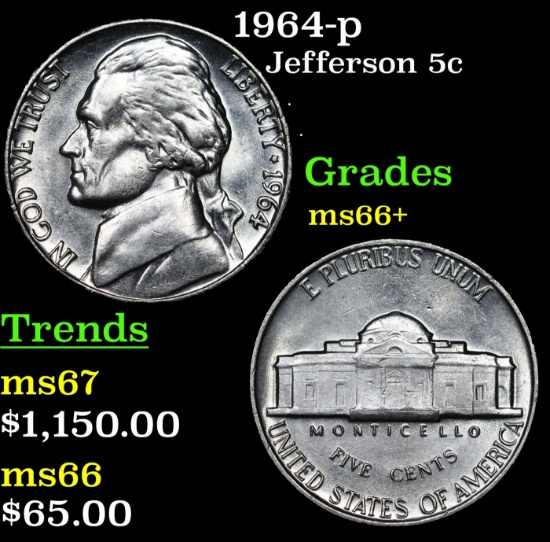 1964-p Jefferson Nickel 5c Grades GEM++ Unc