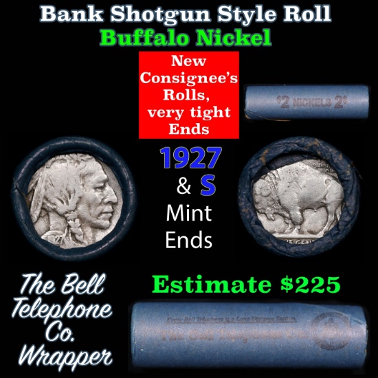 Buffalo Nickel Shotgun Roll in Old Bank Style 'Bell Telephone' Wrapper 1927 & s Mint Ends