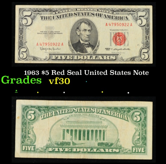 1963 $5 Red Seal United States Note Grades vf++
