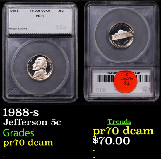 1988-s Proof Jefferson Nickel 5c pr70 dcam SEGS