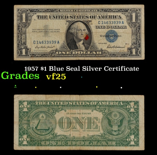 1957 $1 Blue Seal Silver Certificate Grades vf+