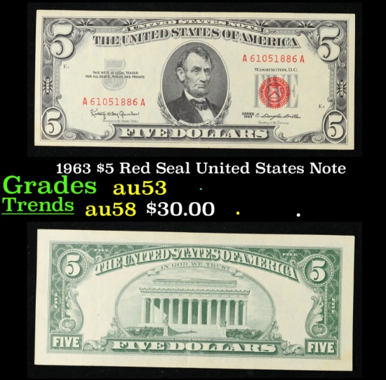 1963 $5 Red Seal United States Note Grades Select AU