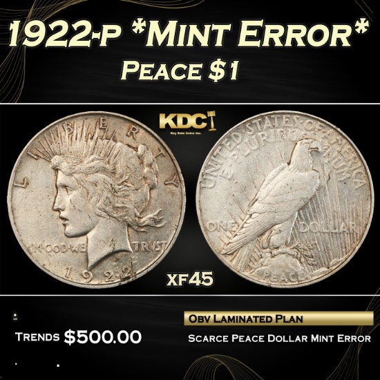 PCGS 1922-p Peace Dollar *Mint Error* $1 xf45 PCGS