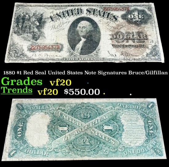 1880 $1 United States Note Grades vf, very fine Signatures Bruce/Gilfillan