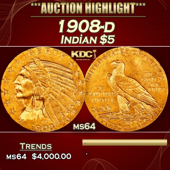 IO 1908-d Gold Indian Half Eagle $5 ms64 USCG