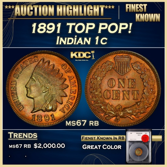 YO 1891 Indian Cent TOP POP! 1c ms67 rb SEGS
