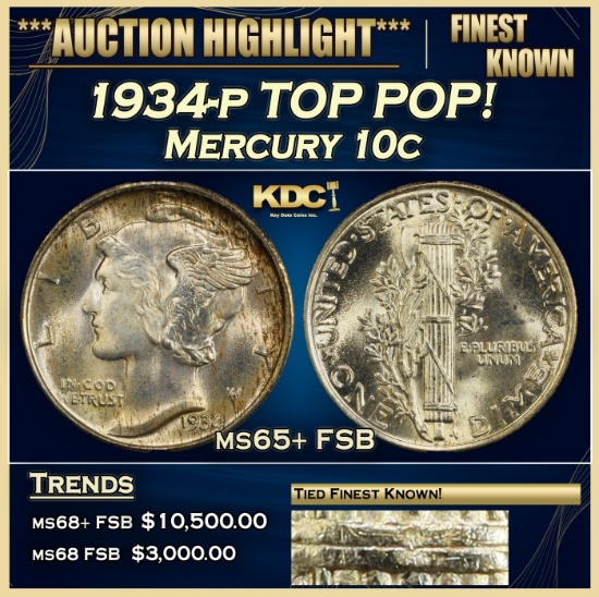 YO 1934-p Mercury Dime TOP POP! 10c ms65+ FSB SEGS