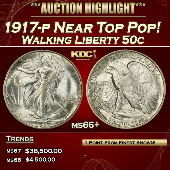 YO 1917-p Walking Liberty Half Dollar Near Top Pop! 50c ms66+ SEGS