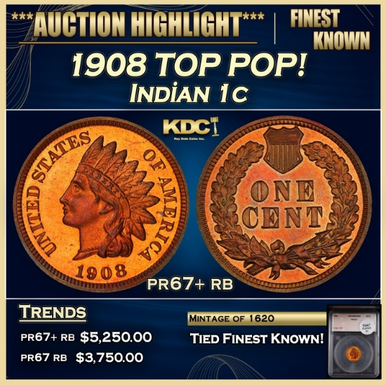 YC 1908 Proof Indian Cent TOP POP! 1c pr67+ rb SEGS