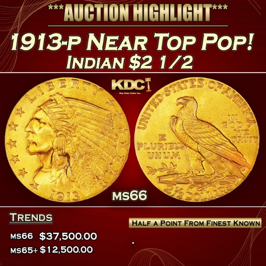 IO 1913-p Gold Indian Quarter Eagle Near Top Pop! $2 1/2 ms66 USCG
