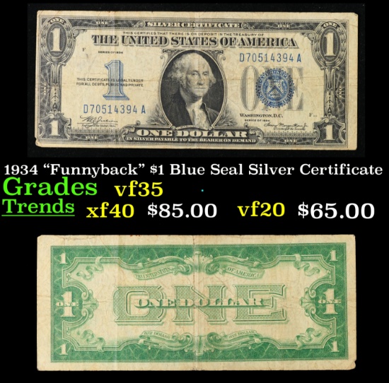 1934 "Funnyback" $1 Blue Seal Silver Certificate Grades vf++