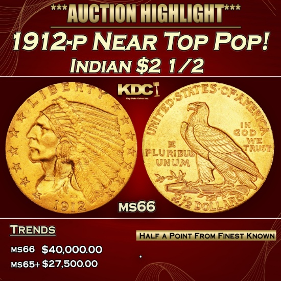 IO 1912-p Gold Indian Quarter Eagle Near Top Pop! $2 1/2 ms66 USCG