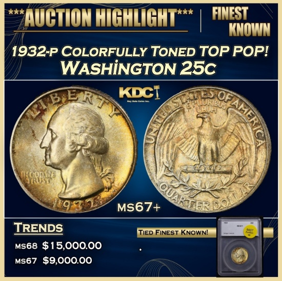 1932-p Washington Quarter Colorfully Toned TOP POP! 25c ms67+ SEGS