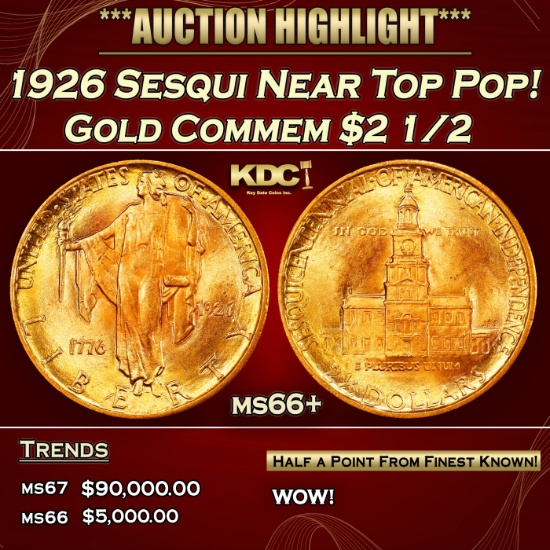 IO 1926 Sesqui Gold Commem Near Top Pop! $2 1/2 ms66+ SEGS