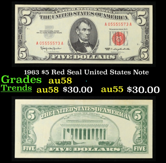 1963 $5 Red Seal United States Note Grades Choice AU/BU Slider