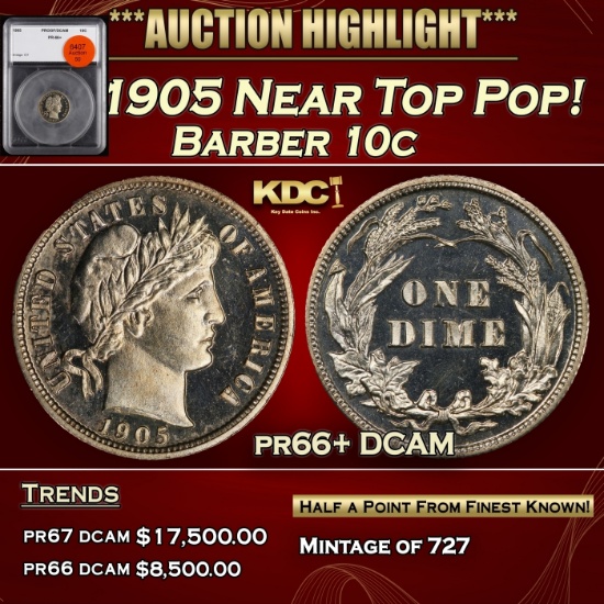 1905 Proof Barber Dime Near Top Pop! 10c pr66+ DCAM SEGS