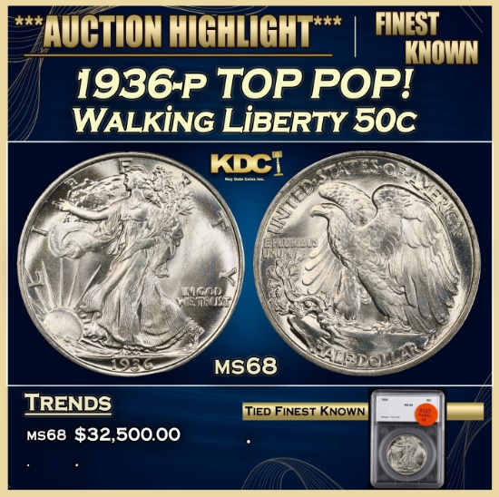1936-p Walking Liberty Half Dollar TOP POP! 50c ms68 SEGS