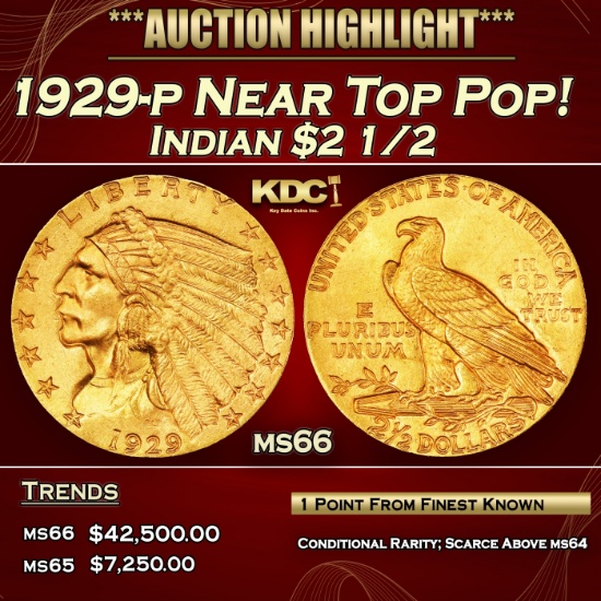 IO 1929-p Gold Indian Quarter Eagle Near Top Pop! $2 1/2 ms66 SEGS