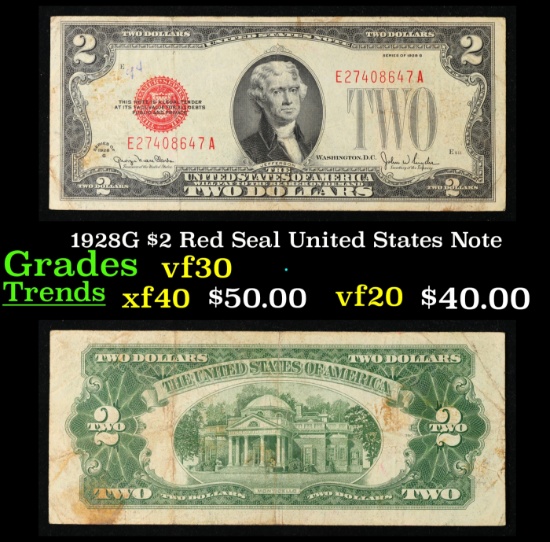 1928G $2 Red Seal United States Note Grades vf++