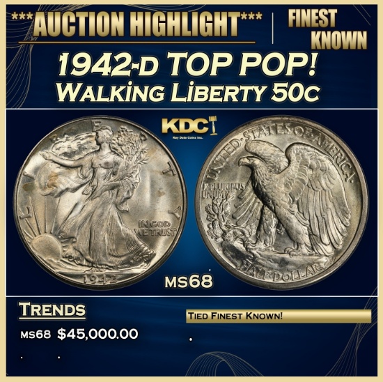 1942-d Walking Liberty Half Dollar TOP POP! 50c ms68 SEGS