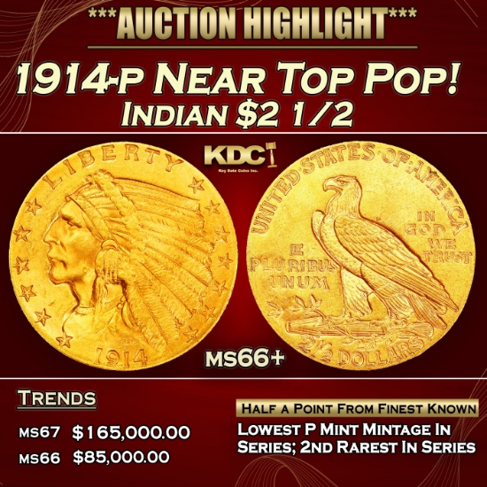 IO 1914-p Gold Indian Quarter Eagle Near Top Pop! $2 1/2 ms66+ USCG