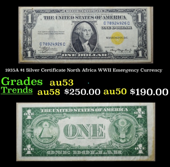 1935A $1 Silver Certificate North Africa WWII Emergency Currency Grades Select AU