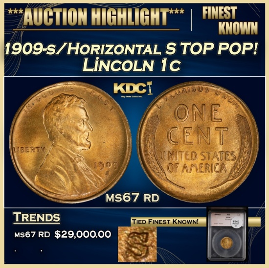 YC 1909-s/Horizontal S Lincoln Cent TOP POP! 1c ms67 rd SEGS