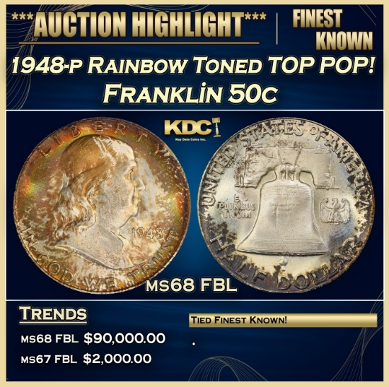 1948-p Franklin Half Dollar Rainbow Toned TOP POP! 50c ms68 FBL SEGS