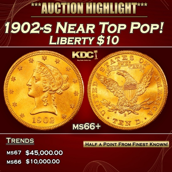 1902-s Gold Liberty Eagle Near Top Pop! $10 ms66+ SEGS