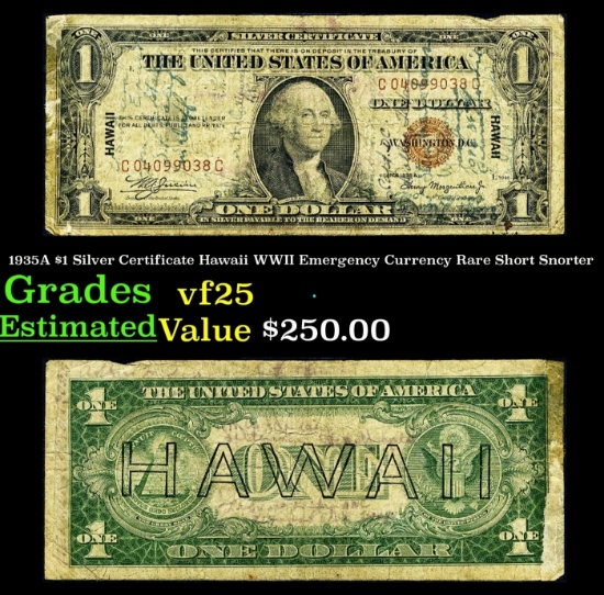 1935A $1 Silver Certificate Hawaii WWII Emergency Currency Rare Short Snorter Grades vf+